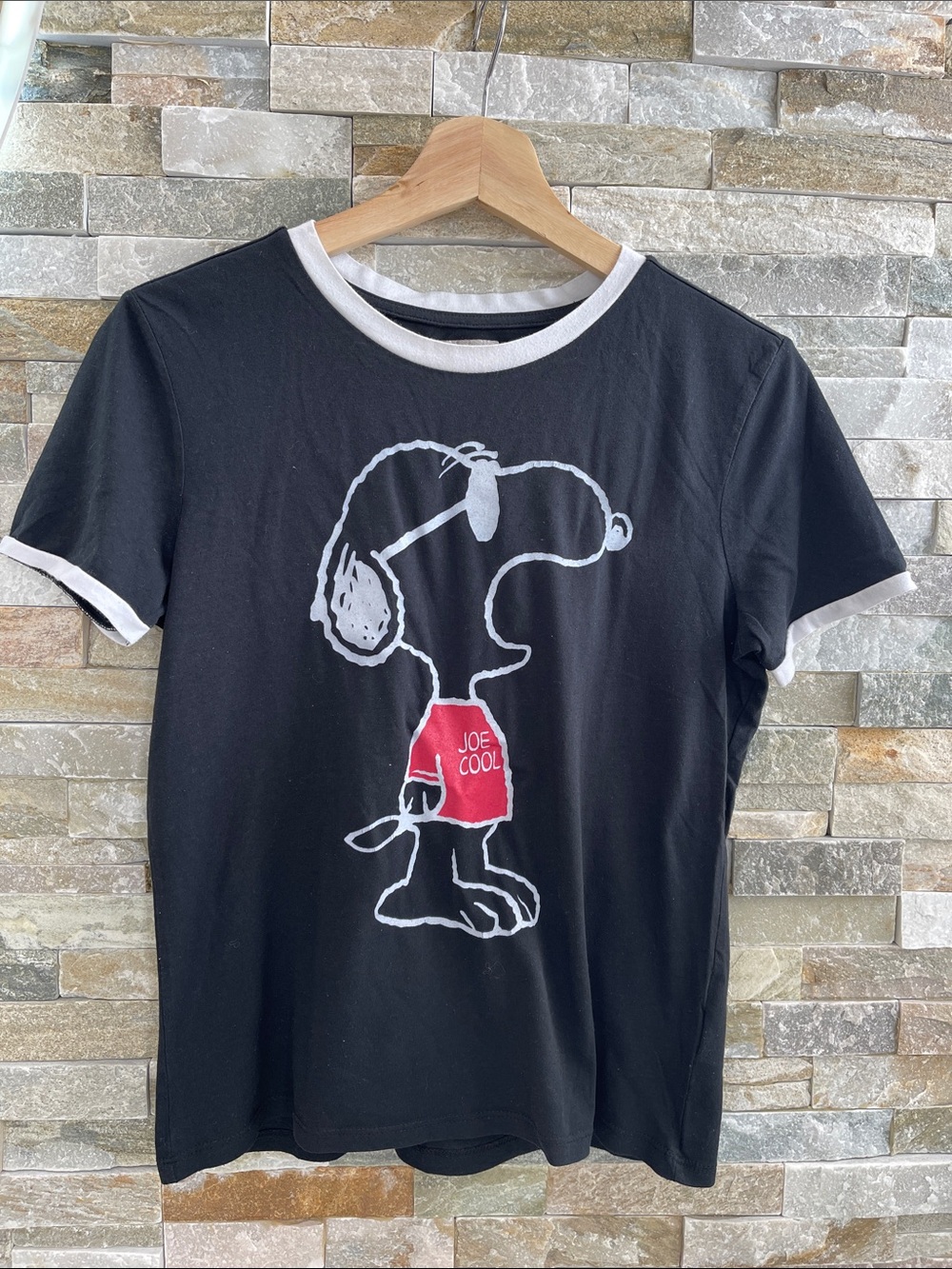 🇨🇦  Peanuts Black Ringer Tee with White Trim and Red Graphic